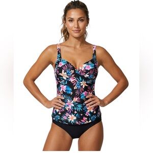 Talisea Floral Print Black Pink Orange Padded Underwire Bra Tankini Top Large
